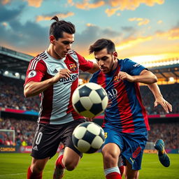 A high-energy sports action shot featuring Cristiano Ronaldo and Lionel Messi on a vibrant football field