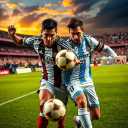 A high-energy sports action shot featuring Cristiano Ronaldo and Lionel Messi on a vibrant football field