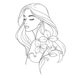 A beautiful line art illustration depicting a woman gracefully posed, intertwined with a delicate four-petal flower design