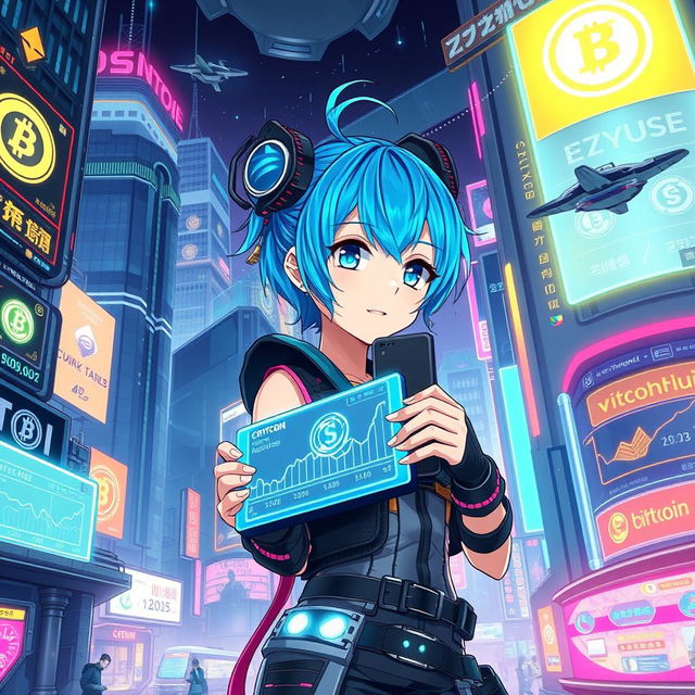 An exciting, dynamic illustration of a futuristic cyberpunk city filled with neon lights and digital advertisements showcasing cryptocurrency symbols