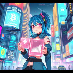 An exciting, dynamic illustration of a futuristic cyberpunk city filled with neon lights and digital advertisements showcasing cryptocurrency symbols