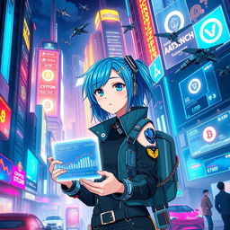 An exciting, dynamic illustration of a futuristic cyberpunk city filled with neon lights and digital advertisements showcasing cryptocurrency symbols