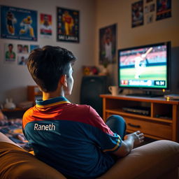 A teenage boy sitting comfortably in his room, engrossed in watching a Sri Lanka cricket match on his TV