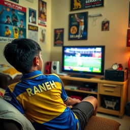A teenage boy sitting comfortably in his room, engrossed in watching a Sri Lanka cricket match on his TV