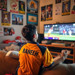 A teenage boy sitting comfortably in his room, engrossed in watching a Sri Lanka cricket match on his TV