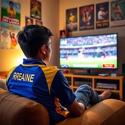 A teenage boy sitting comfortably in his room, engrossed in watching a Sri Lanka cricket match on his TV