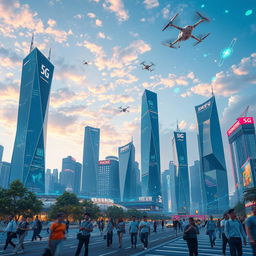 A futuristic cityscape showcasing advanced 5G technology in action, featuring sleek skyscrapers with 5G towers, colorful holograms displaying connectivity and data flow, and people engaged in activities like augmented reality gaming and smart city services