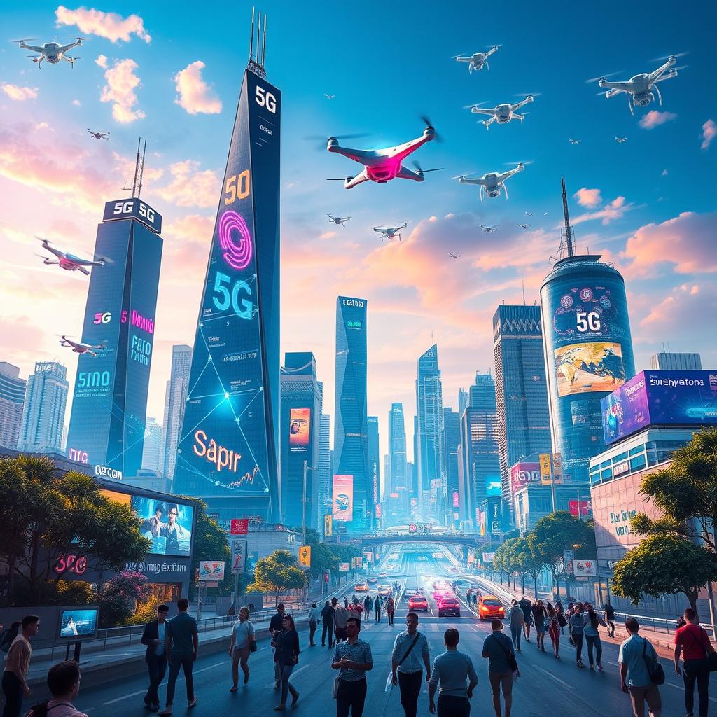 A futuristic cityscape showcasing advanced 5G technology in action, featuring sleek skyscrapers with 5G towers, colorful holograms displaying connectivity and data flow, and people engaged in activities like augmented reality gaming and smart city services