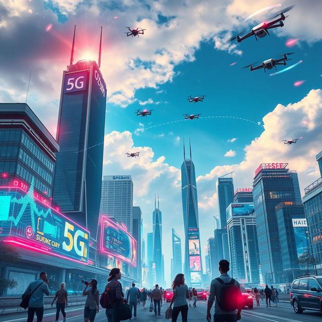 A futuristic cityscape showcasing advanced 5G technology in action, featuring sleek skyscrapers with 5G towers, colorful holograms displaying connectivity and data flow, and people engaged in activities like augmented reality gaming and smart city services