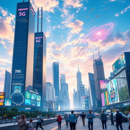A futuristic cityscape showcasing advanced 5G technology in action, featuring sleek skyscrapers with 5G towers, colorful holograms displaying connectivity and data flow, and people engaged in activities like augmented reality gaming and smart city services