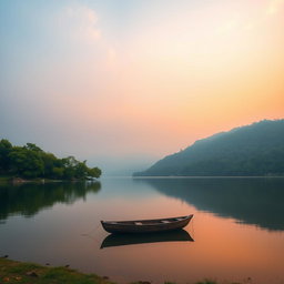 A pristine photograph showing a serene landscape at sunrise, with soft light illuminating the horizon