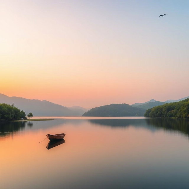A pristine photograph showing a serene landscape at sunrise, with soft light illuminating the horizon