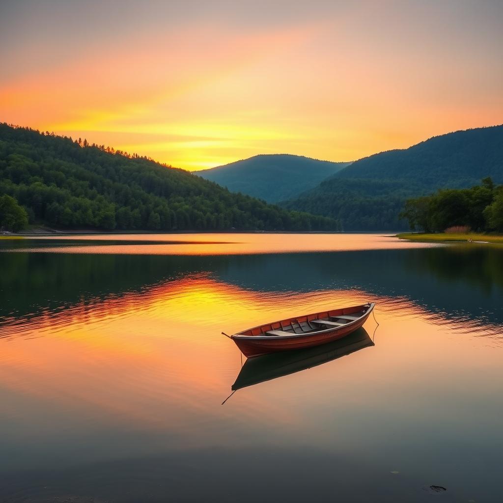 A pristine photograph showing a serene landscape at sunrise, with soft light illuminating the horizon