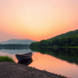 A pristine photograph showing a serene landscape at sunrise, with soft light illuminating the horizon