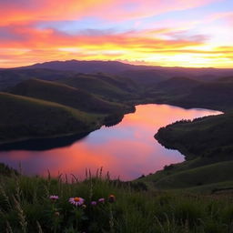 An image featuring a beautiful landscape, showcasing rolling hills bathed in the golden light of sunset