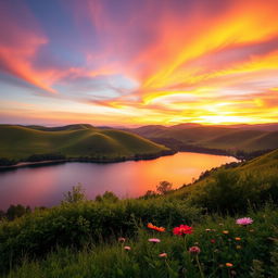 An image featuring a beautiful landscape, showcasing rolling hills bathed in the golden light of sunset