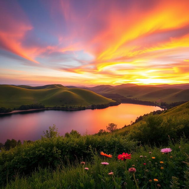 An image featuring a beautiful landscape, showcasing rolling hills bathed in the golden light of sunset