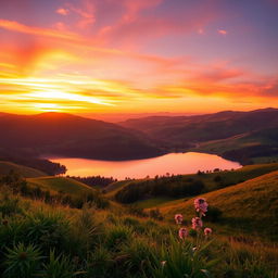 An image featuring a beautiful landscape, showcasing rolling hills bathed in the golden light of sunset