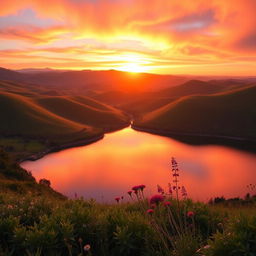 An image featuring a beautiful landscape, showcasing rolling hills bathed in the golden light of sunset