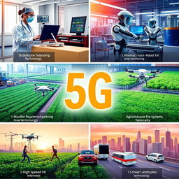 A series of individual visuals showcasing the impact of 5G technology on various industries, including: 1