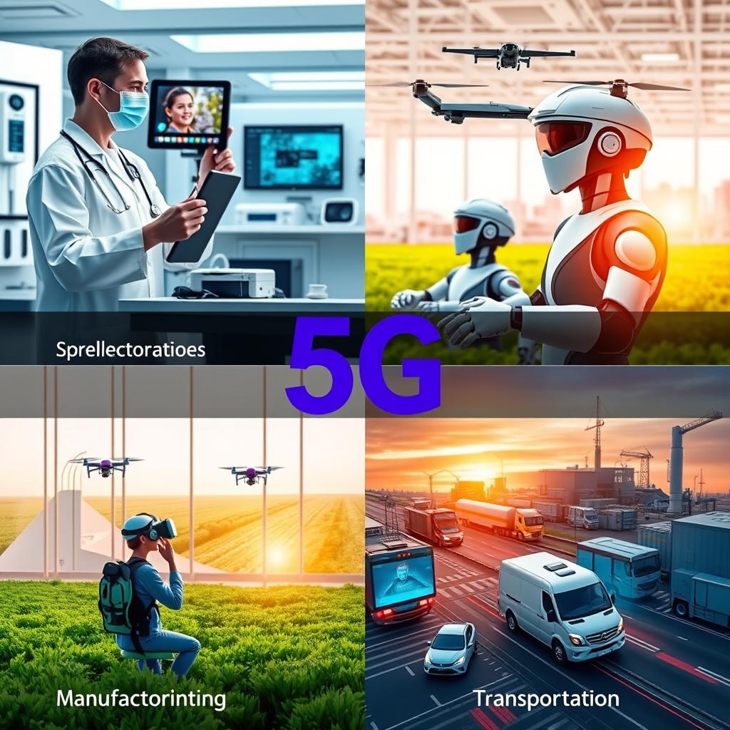 A series of individual visuals showcasing the impact of 5G technology on various industries, including: 1