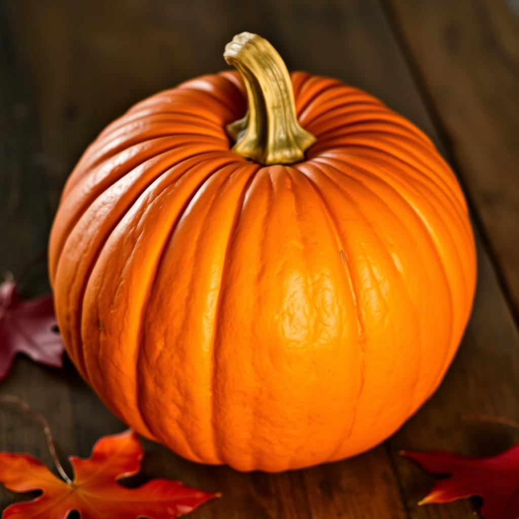 A single whole pumpkin with a smooth, vibrant orange texture, showcasing its natural ridges and curves