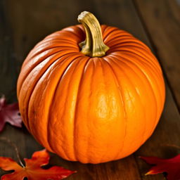 A single whole pumpkin with a smooth, vibrant orange texture, showcasing its natural ridges and curves
