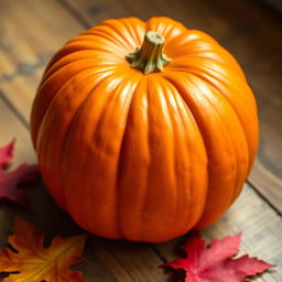 A single whole pumpkin with a smooth, vibrant orange texture, showcasing its natural ridges and curves