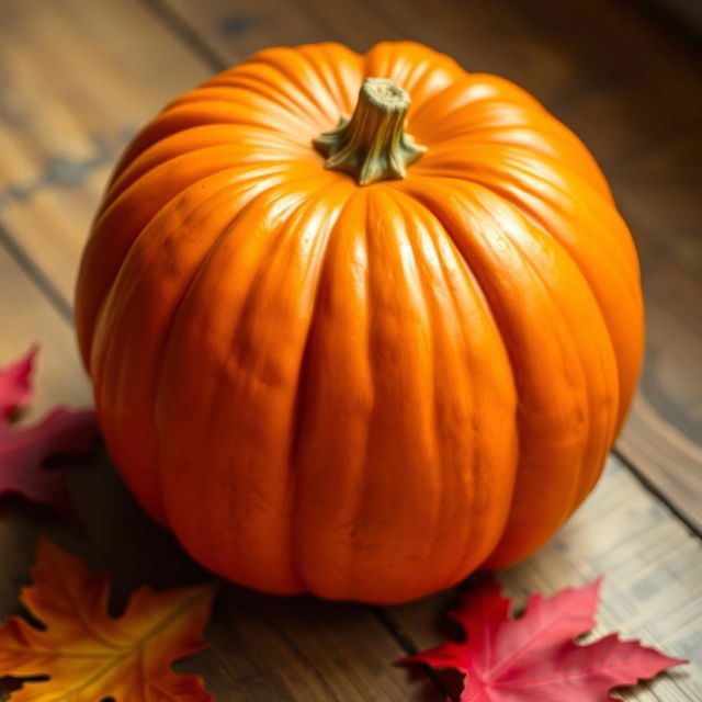A single whole pumpkin with a smooth, vibrant orange texture, showcasing its natural ridges and curves