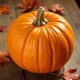 A single whole pumpkin with a smooth, vibrant orange texture, showcasing its natural ridges and curves