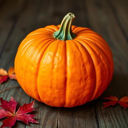 A single whole pumpkin with a smooth, vibrant orange texture, showcasing its natural ridges and curves