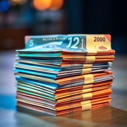 An artistic representation of a stack of colorful currency stacks, dramatically magnified to appear four times larger than usual