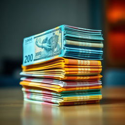An artistic representation of a stack of colorful currency stacks, dramatically magnified to appear four times larger than usual