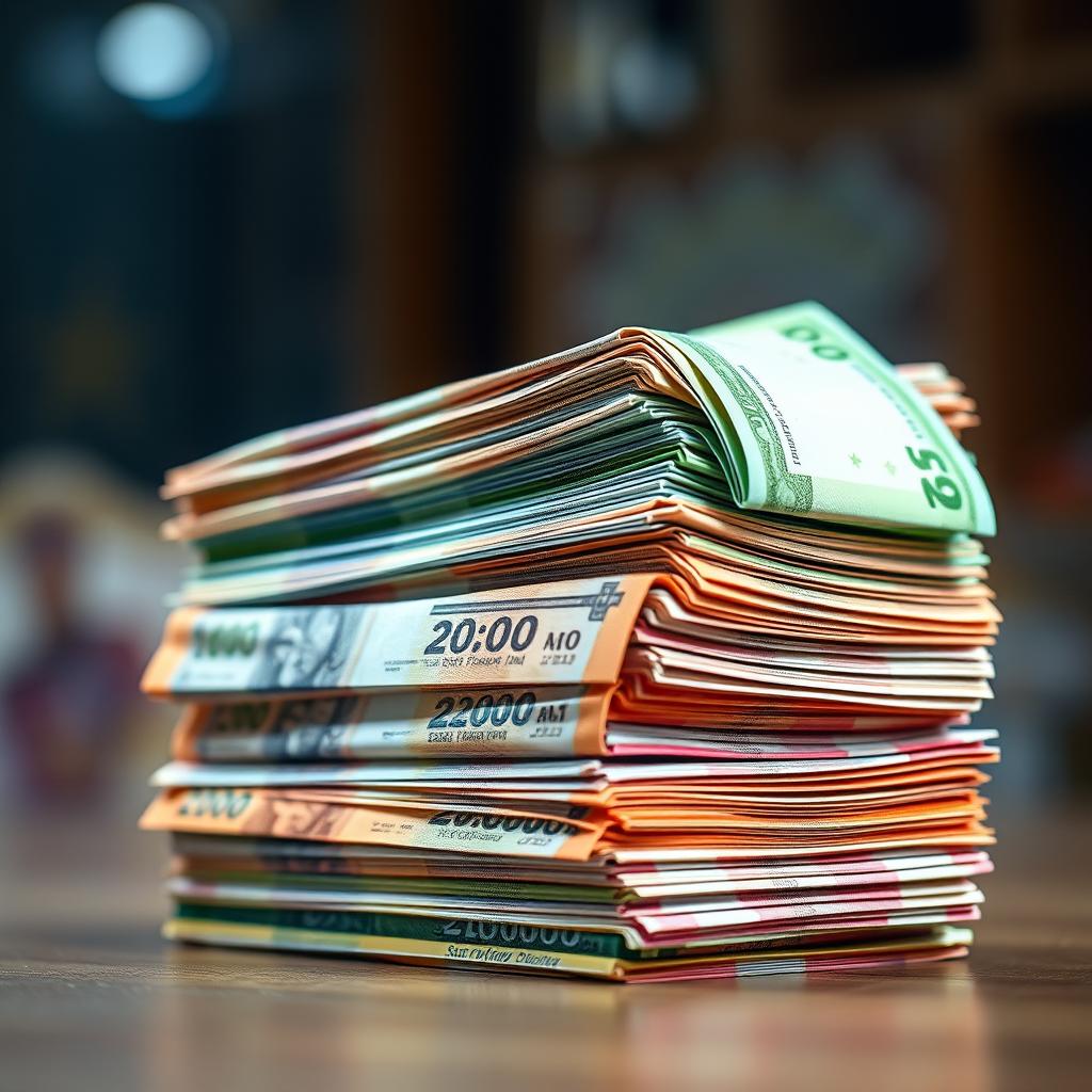 An artistic representation of a stack of colorful currency stacks, dramatically magnified to appear four times larger than usual
