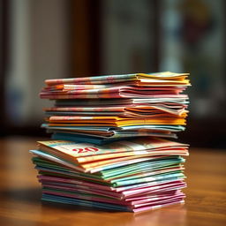 An artistic representation of a stack of colorful currency stacks, dramatically magnified to appear four times larger than usual