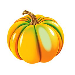 A vibrant and colorful illustration of a single pumpkin, showcasing a variety of colors such as bright orange, yellow, and green, with a smooth, shiny texture and intricate details of the pumpkin's surface, featuring subtle highlights and shadows to create depth, set against a simple white background for easy printing