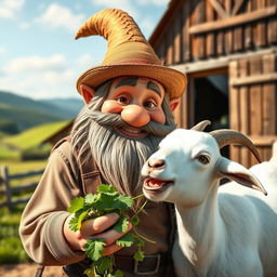 A cheerful dwarf farmer with a thick beard and wearing a straw hat, smiling as he feeds his adorable white goat companion fresh greens
