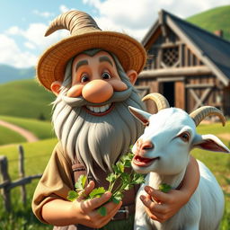 A cheerful dwarf farmer with a thick beard and wearing a straw hat, smiling as he feeds his adorable white goat companion fresh greens