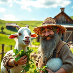 A cheerful dwarf farmer with a thick beard and wearing a straw hat, smiling as he feeds his adorable white goat companion fresh greens