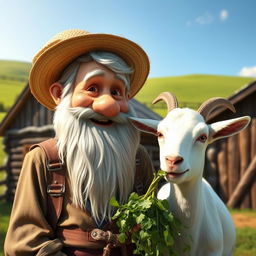 A cheerful dwarf farmer with a thick beard and wearing a straw hat, smiling as he feeds his adorable white goat companion fresh greens