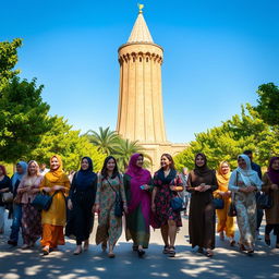 A vibrant scene of women walking around the Azadi Tower in Tehran, Iran