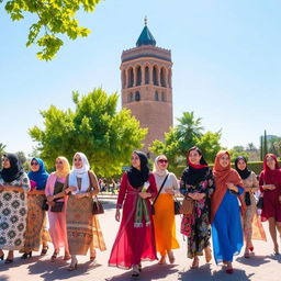 A vibrant scene of women walking around the Azadi Tower in Tehran, Iran