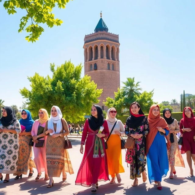 A vibrant scene of women walking around the Azadi Tower in Tehran, Iran