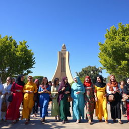 A vibrant scene of women walking around the Azadi Tower in Tehran, Iran