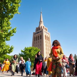 A vibrant scene of women walking around the Azadi Tower in Tehran, Iran
