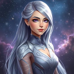 A portrait of a fictional character named Aria Keoxer, featuring an ethereal beauty with long, flowing hair that shimmers like silver under the light