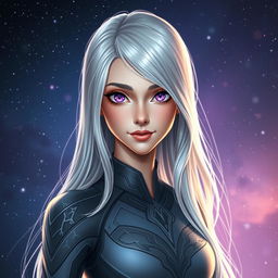 A portrait of a fictional character named Aria Keoxer, featuring an ethereal beauty with long, flowing hair that shimmers like silver under the light