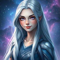 A portrait of a fictional character named Aria Keoxer, featuring an ethereal beauty with long, flowing hair that shimmers like silver under the light