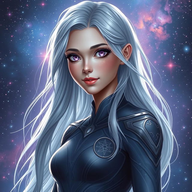 A portrait of a fictional character named Aria Keoxer, featuring an ethereal beauty with long, flowing hair that shimmers like silver under the light