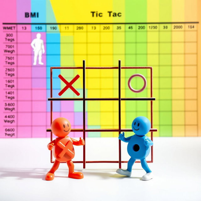 A vibrant and artistic interpretation of a Tic Tac Toe game combined with a Body Mass Index (BMI) chart